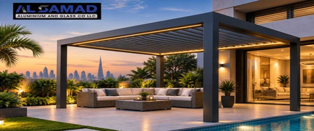 Modern pergola installation in Dubai beside a luxury pool